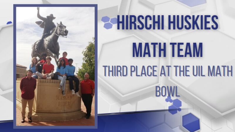 The Hirschi Huskies Math Team poses with a statue of the Masked Raider on the Texas Tech campus.