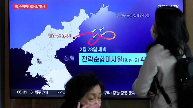 A TV screen displayed at the Seoul Railway Station in Seoul, South Korea, shows a news program...
