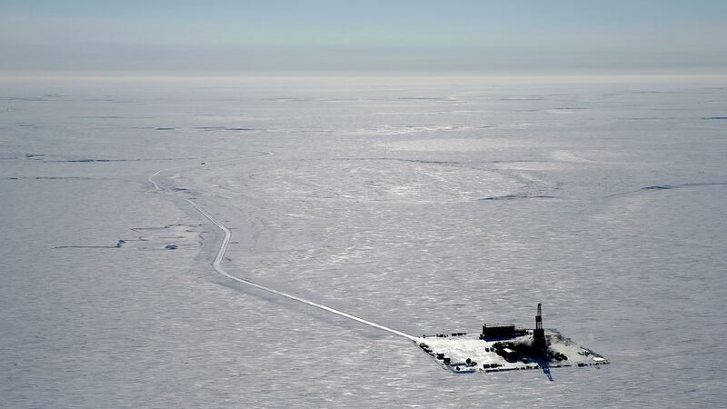 FILE - This 2019 aerial photo provided by ConocoPhillips shows an exploratory drilling camp at...