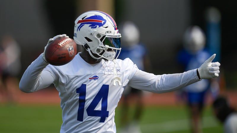Buffalo Bills wide receiver Stefon Diggs (14) gestures to fans during practice at the NFL...
