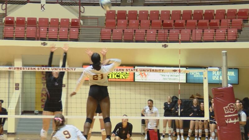 MSU's Raven Presley going for a kill vs Southern Nazarene.