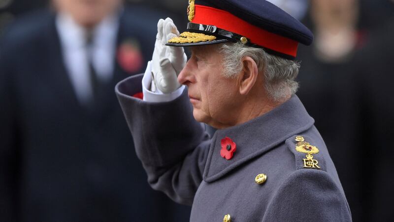 Britain's King Charles III attends the Remembrance Sunday ceremony at the Cenotaph on...